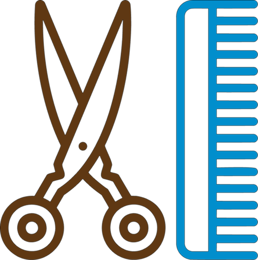 Scissors and comb icons in brown and blue.