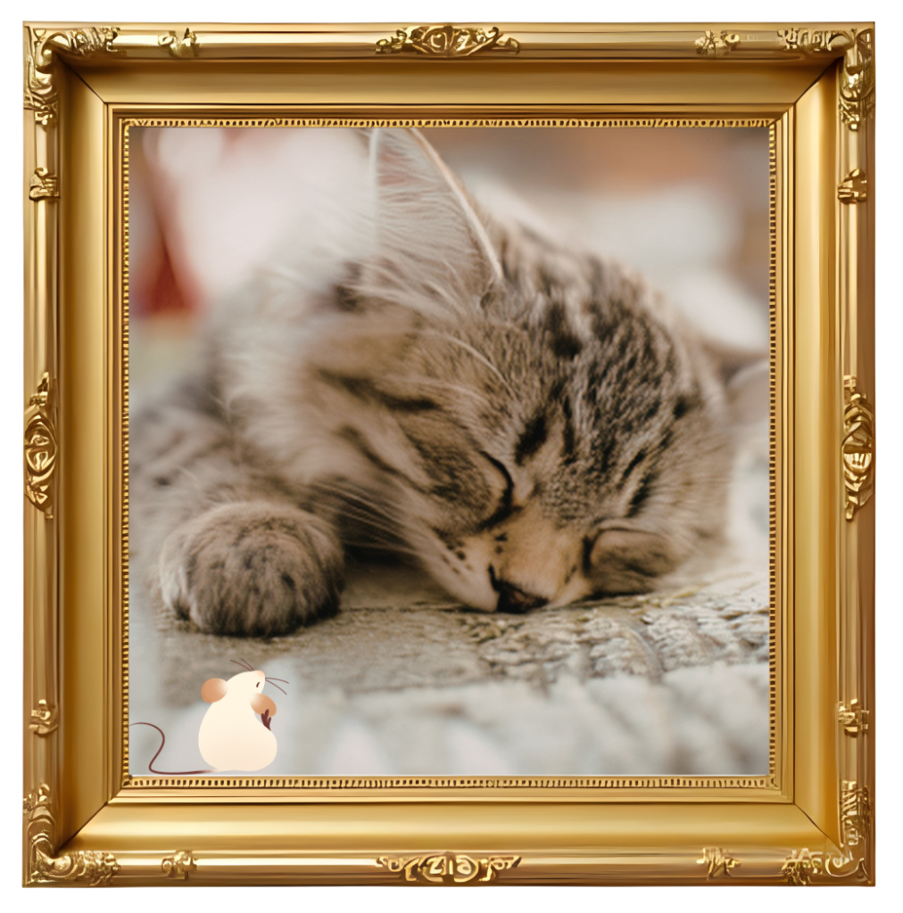 A photo of a sleeping cat in a gold picture frame at Heritage Animal Clinic in Madison, AL